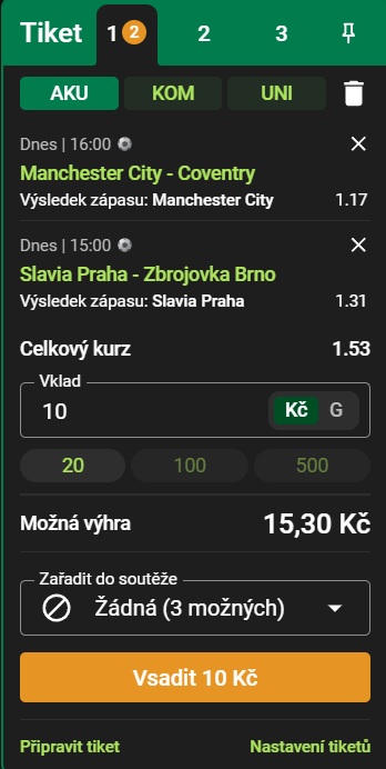 Sázkový tiket AKU a možnost storna tiketu u Chance – sestavení tiketu