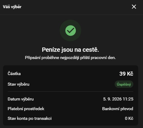 Potvrzení úspěšného výběru peněz z Chance na bankovní účet