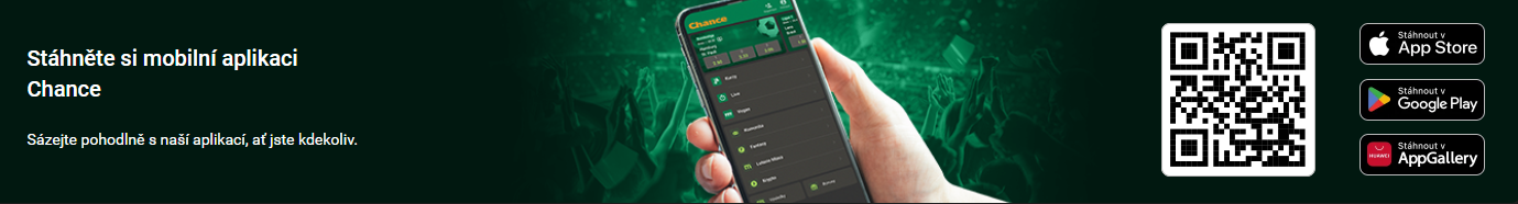 Banner mobilní aplikace Chance s odkazy na App Store, Google Play a AppGallery