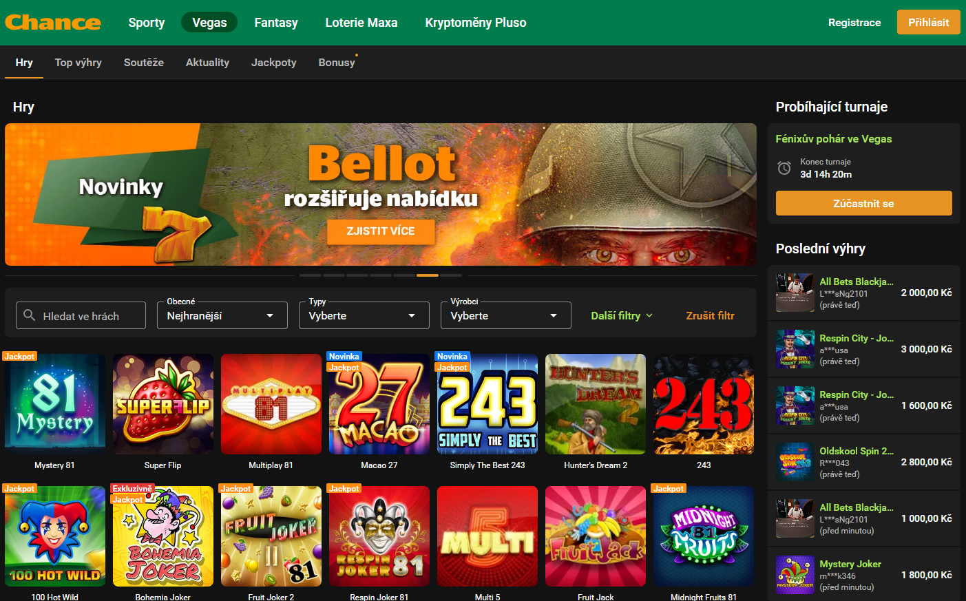 Lobby Chance Vegas s vyhledáváním, filtry, hrami, turnajem a posledními výhrami