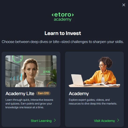 Nabídka eToro Academy a Academy Lite s textem Earn $10