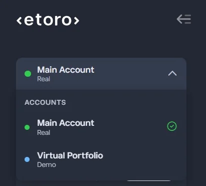 Přepínání mezi reálným Main Account a Virtual Portfolio Demo