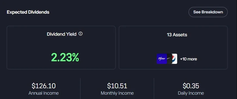 Odhad dividend mého portfolia: 13 aktiv, výnos 2,23 % a roční příjem 126,10 USD
