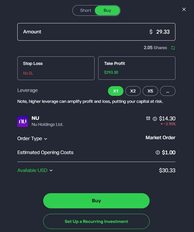 Nákup akcie NU s nastavením Buy, X1 a nákladem 1 USD