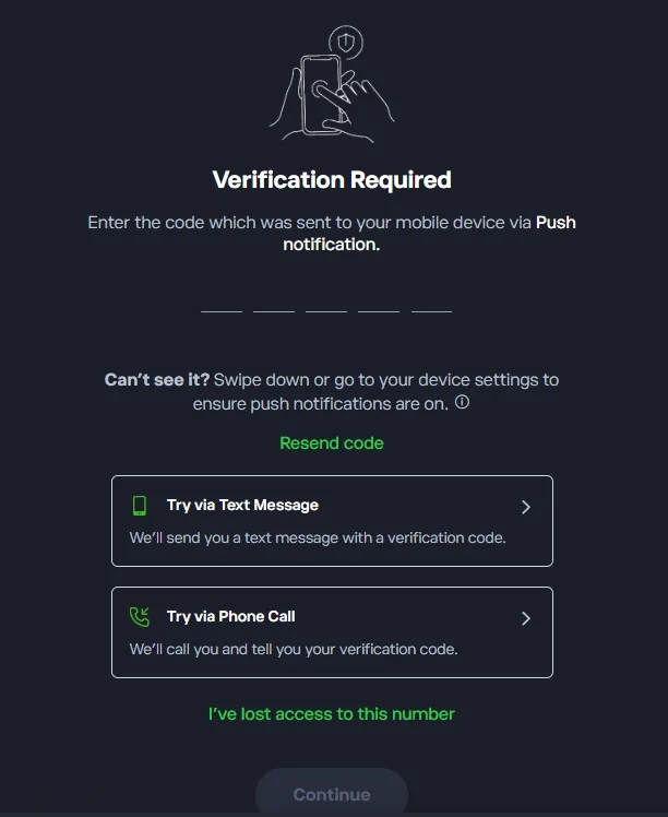 Ověření citlivé operace v eToro přes push, SMS nebo telefonát
