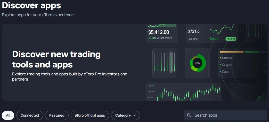 eToro Discover apps s nabídkou obchodních nástrojů