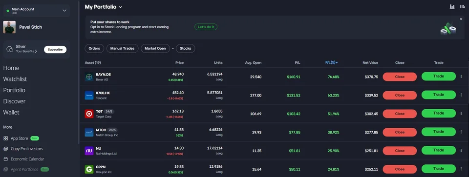Mé reálné portfolio na eToro s jednotlivými akciovými pozicemi