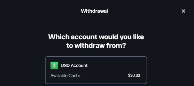 Výběr zdrojového USD účtu se zůstatkem 30,33 USD