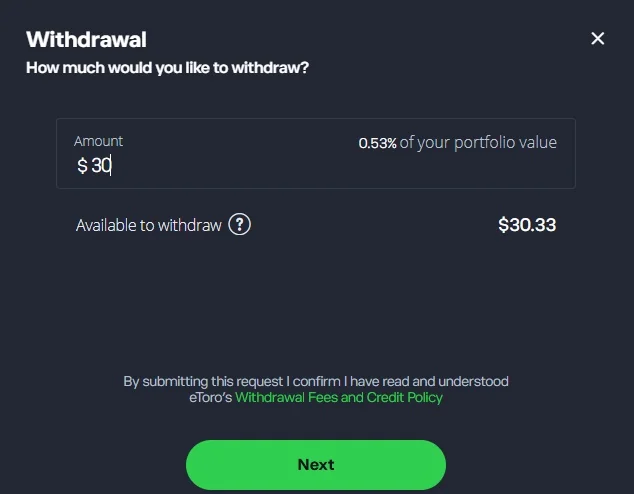 Zadání výběru 30 USD z dostupných 30,33 USD