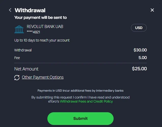 Souhrn výběru 30 USD na Revolut s poplatkem 5 USD a čistou částkou 25 USD