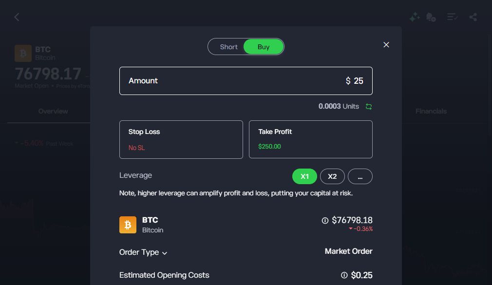 Vlastní náhled BTC: 25 USD, X1, Market Order a odhad nákladu otevření 0,25 USD, 11. 9. 2026. Nákup jsme neodeslali.
