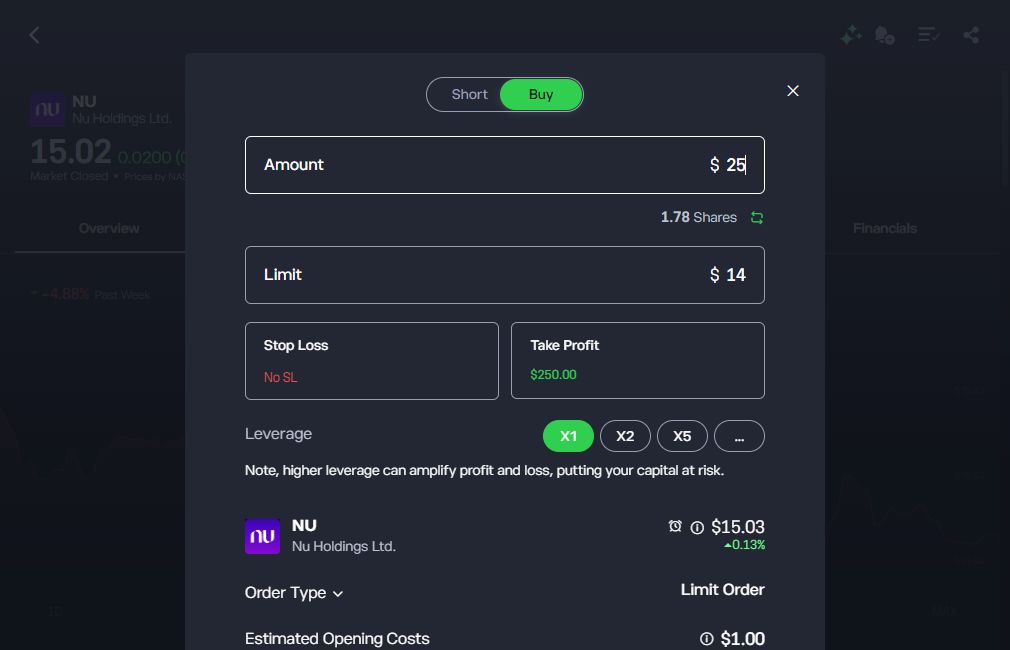 Vlastní náhled NU: Buy, částka 25 USD, limit 14 USD, přibližně 1,78 akcie a odhad vstupního nákladu 1 USD, 11. 9. 2026. Pokyn jsme neodeslali.
