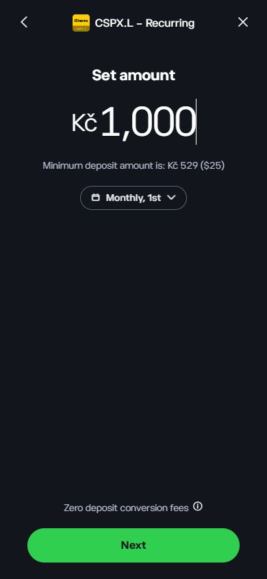 Vlastní náhled pravidelné investice CSPX.L: 1 000 Kč, měsíční frekvence a minimum 529 Kč / 25 USD, 11. 9. 2026. Plán ani platbu jsme nezaložili.
