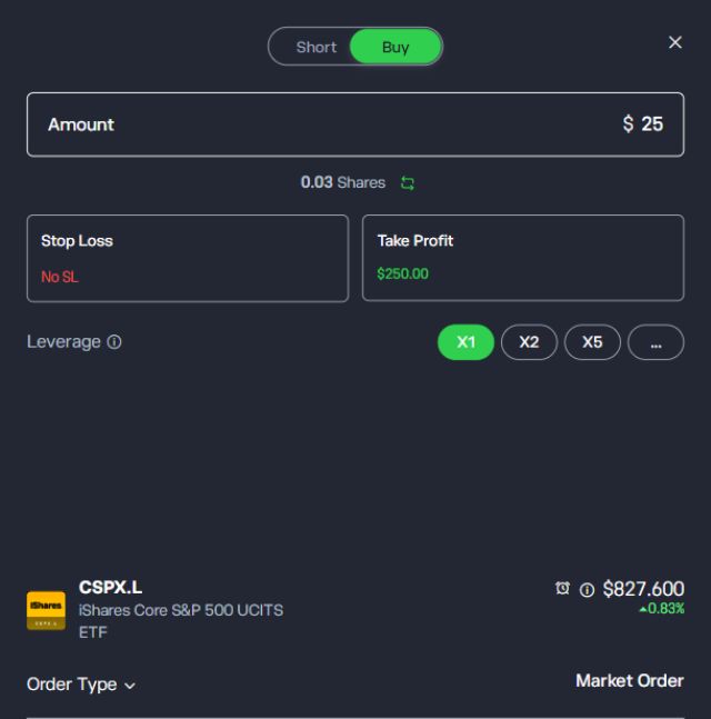 Vlastní výřez parametrů nákupu CSPX.L za 25 USD v reálném účtu, 13. 9. 2026: Buy, částka, X1, identita ETF a Market Order. Spodní část se soukromým zůstatkem není zobrazena. Pokyn jsme nepotvrdili; samotné X1 není obecnou zárukou typu produktu.