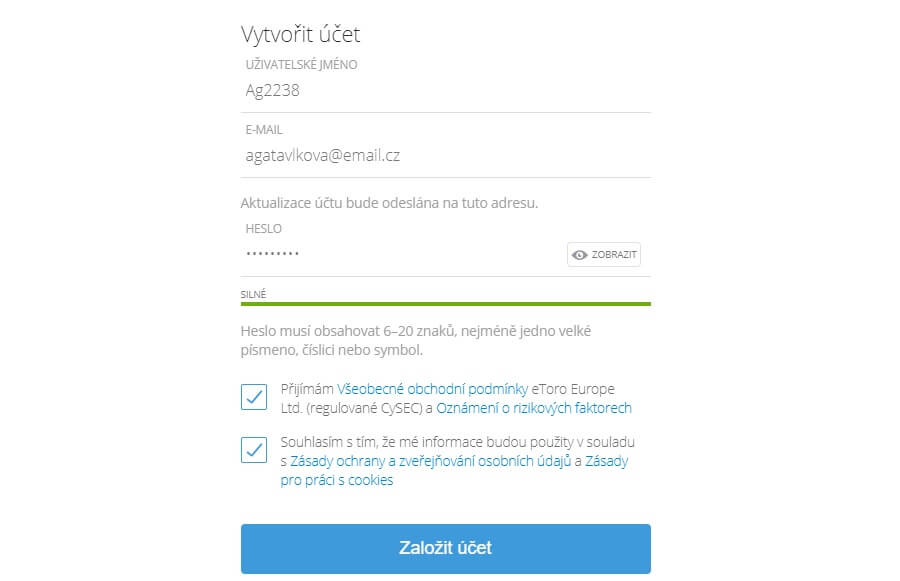 eToro uživatelské jméno a heslo