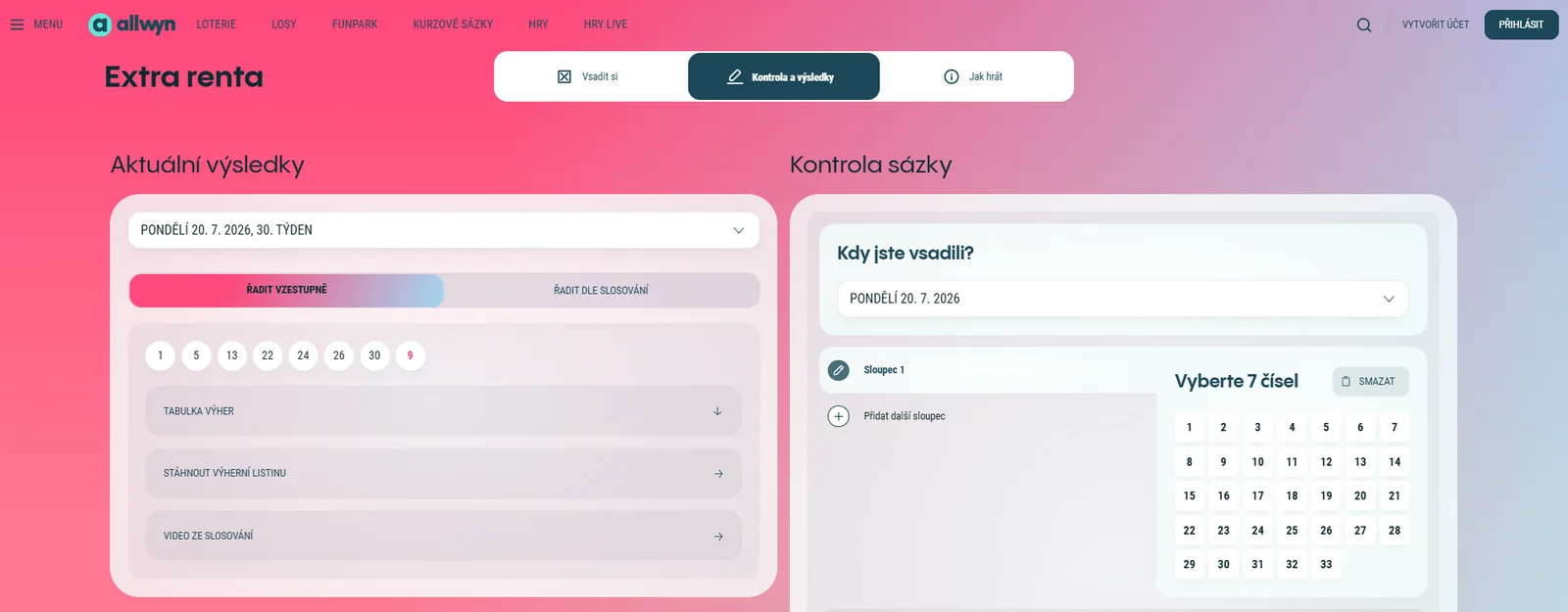 Oficiální výsledky a kontrola sázky Extra Renty na webu Allwyn