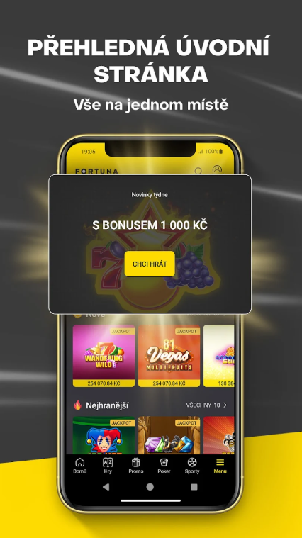 Ukázka úvodní obrazovky mobilní aplikace Fortuna Casino s bonusovým panelem a kategoriemi her