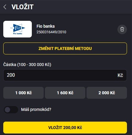 Vklad 200 Kč do Fortuna casina přes bankovní převod