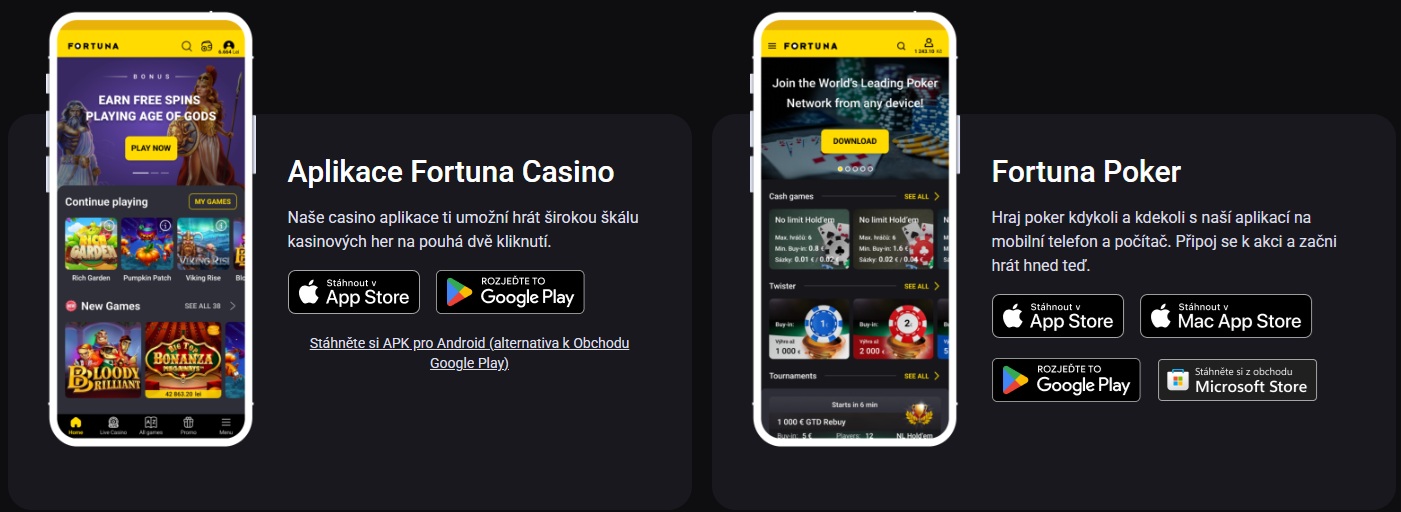 Oficiální aplikace Fortuna Casino a Fortuna Poker pro mobil a počítač
