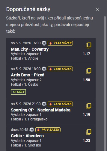 Panel doporučených sázek ve Fortuna tiketu