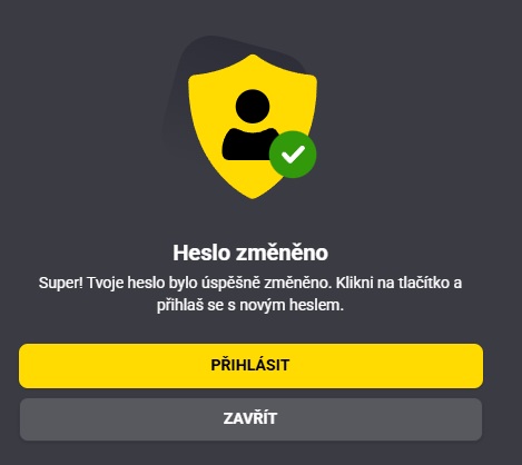 Potvrzení úspěšné změny hesla Fortuna
