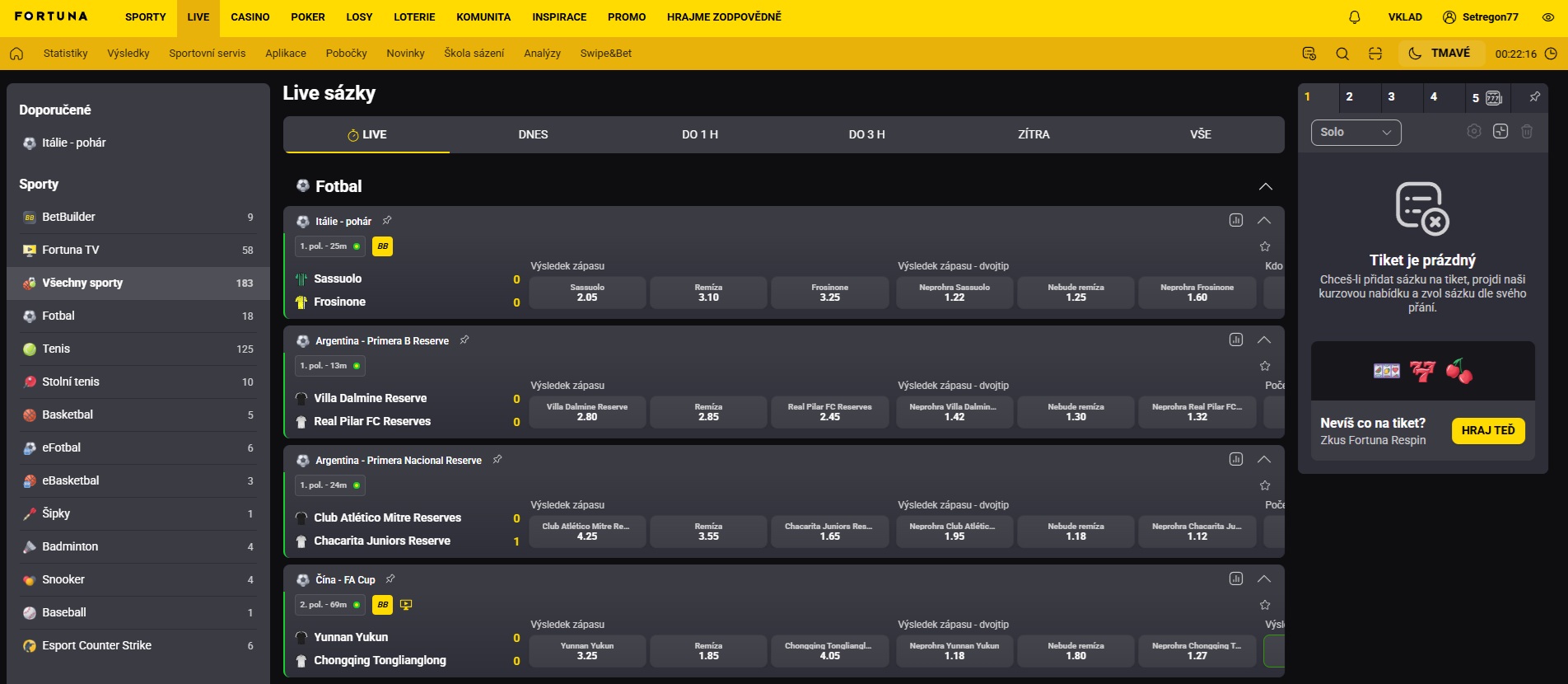 Přihlášené rozhraní Fortuna LIVE se sporty, rozehranými zápasy, kurzy a tiketem