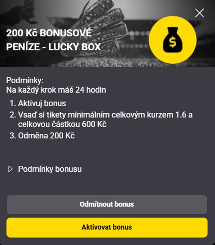 Příklad bonusu 200 Kč z Fortuna Lucky Box s podmínkami