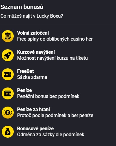 Seznam možných typů odměn ve Fortuna Lucky Box