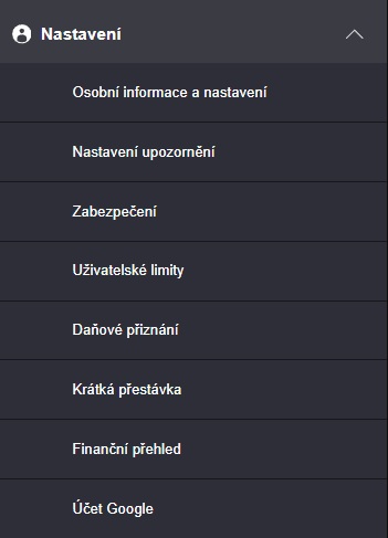 Menu nastavení účtu Fortuna se zabezpečením, limity a daňovým přiznáním