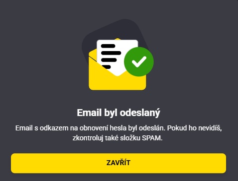 Potvrzení odeslání e-mailu pro obnovu hesla Fortuna