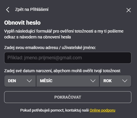Aktuální formulář Fortuna pro obnovu hesla