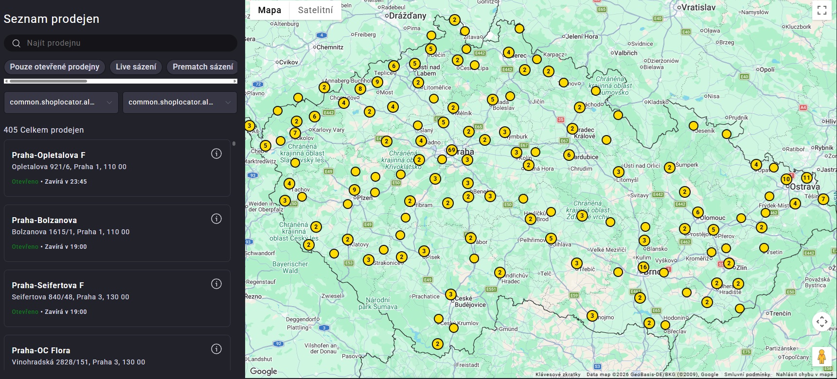 Mapa a seznam kamenných poboček Fortuny v České republice