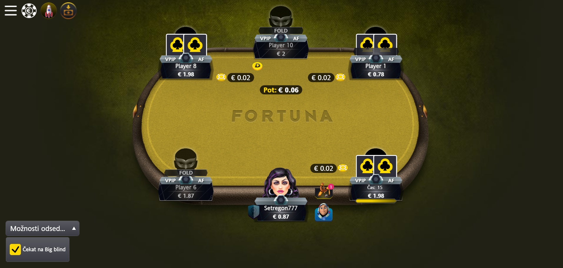 Reálný cash game stůl Fortuna Poker v síti iPoker s částkami v eurech a ukazateli VPIP a AF