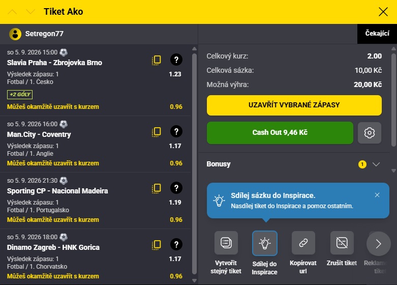 Reálný AKO tiket Fortuna s vkladem 10 Kč a nabídkou Cashout