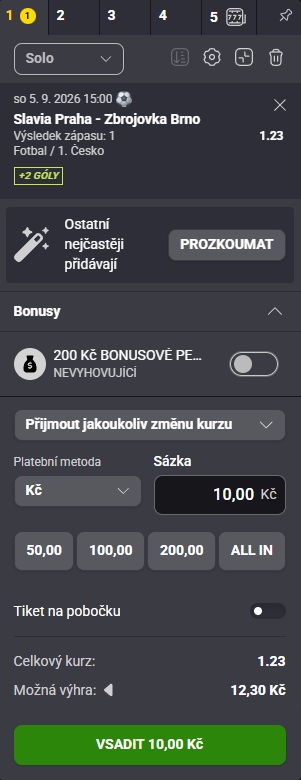 Solo tiket Fortuna s kurzem 1,23 a vkladem 10 Kč