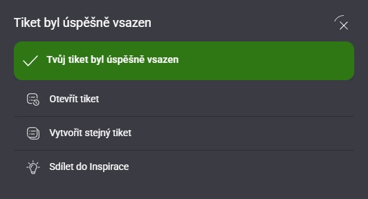 Potvrzení úspěšně vsazeného tiketu ve Fortuně