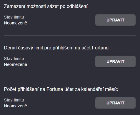 Uživatelské limity přihlášení ve Fortuna účtu