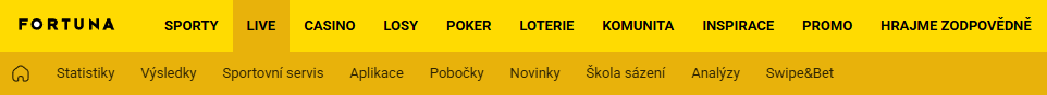 Horní navigace webu Fortuna se zvýrazněnou položkou LIVE