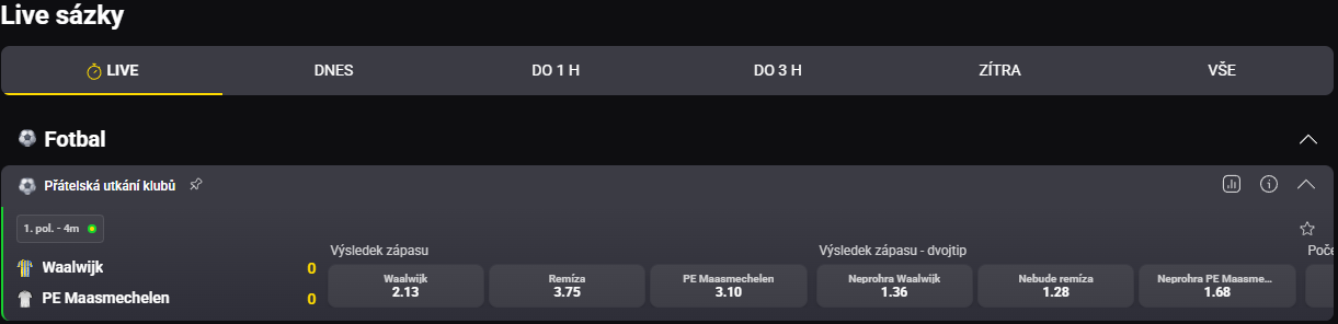Fortuna LIVE sázky s rozehraným fotbalovým utkáním, skóre a kurzy 1 X 2
