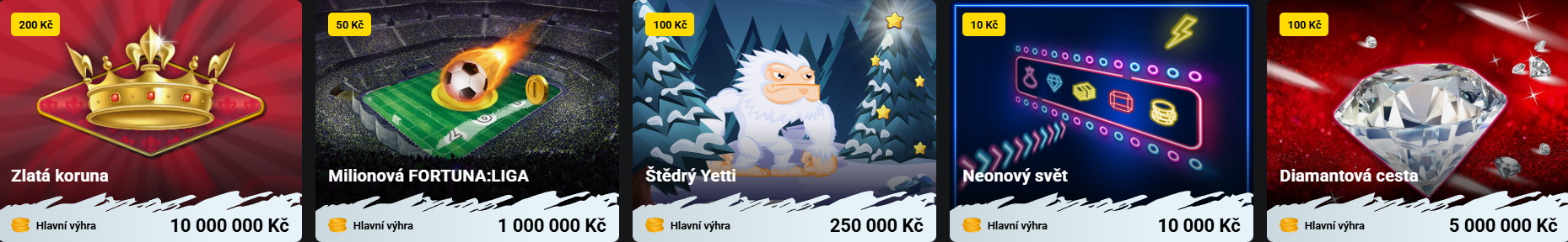 Nabídka online losů Fortuna s různými cenami a hlavními výhrami
