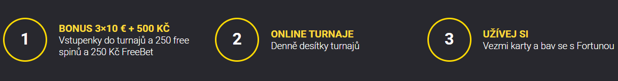 Rozpis Fortuna Poker bonusu na tři turnajové vstupenky, 250 free spinů a 250 Kč FreeBet