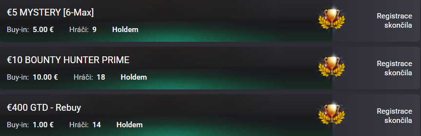 Fortuna Poker turnajové lobby s Mystery, Bounty a GTD Rebuy turnaji