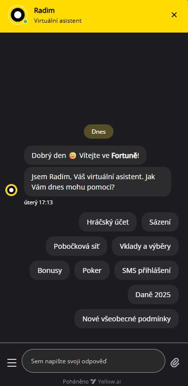 Chatbot Radim v zákaznické podpoře Fortuny s tématem SMS přihlášení