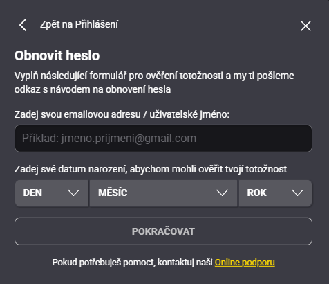 Formulář Fortuny pro obnovu hesla s e-mailem nebo loginem a datem narození