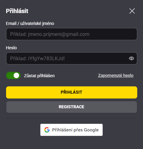 Ostré přihlašovací okno Fortuny s e-mailem nebo uživatelským jménem, heslem a přihlášením přes Google