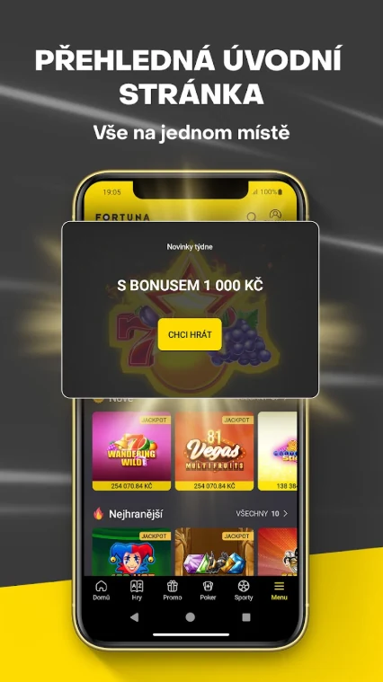 Ukázka úvodní obrazovky mobilní aplikace Fortuna Casino s bonusovým panelem a kategoriemi her
