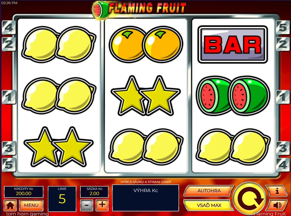 Flaming Fruit: herní obrazovka se sázkou 2 Kč a kreditem 200 Kč