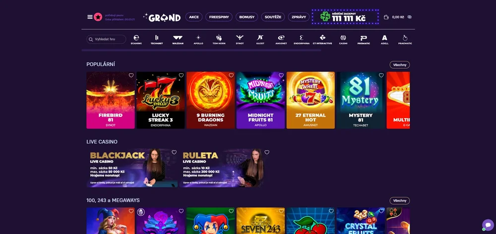 Grandwin: úvodní stránka s katalogem automatů a live casinem