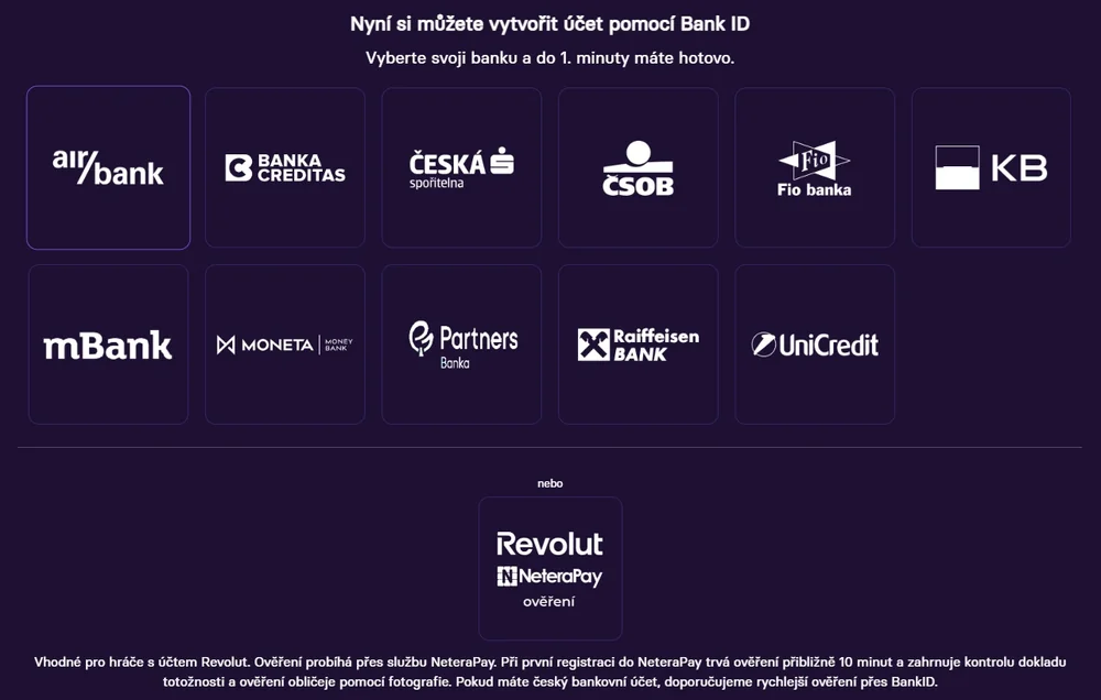 Výběr banky pro Bank iD a oddělená možnost Revolut přes NeteraPay