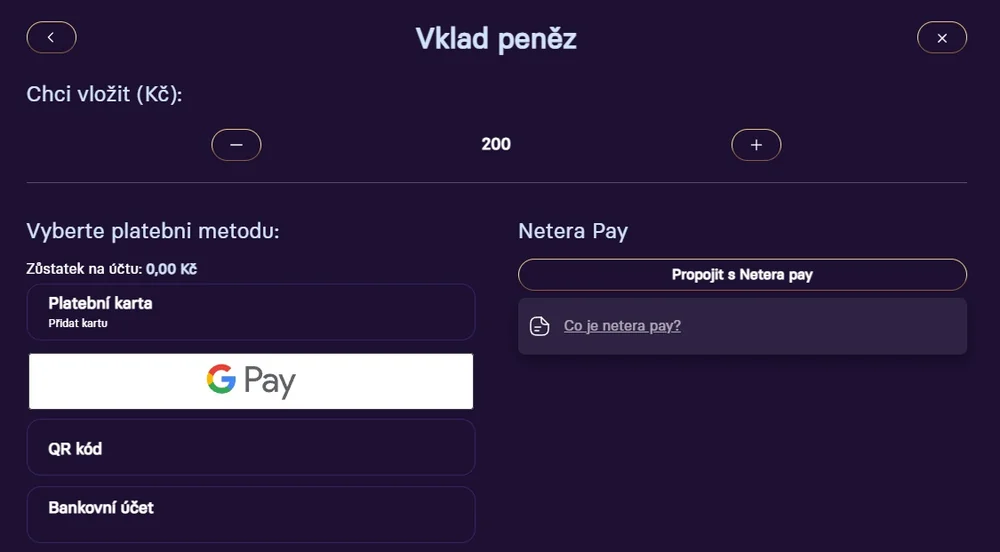 Vklad 200 Kč: karta, Google Pay, QR kód, bankovní účet a NeteraPay